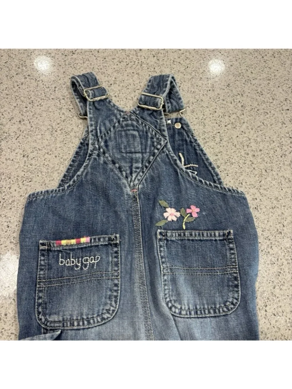 Baby Gap Denim Overalls Girls 12-18 Months Floral Embroidery Patch Distressed